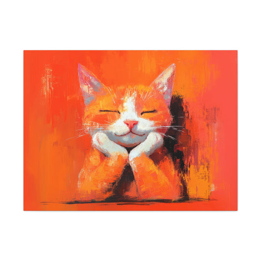 Chillin' Kitten is bright and vivid cat canvas art features a whimsical brushstroke style painting of a contented kitten resting its chin on its palms while seated in a bright orange setting. | colorful cat canvas | whimsical cat canvas art | cute cat canvas prints | cat lover gift | Kittens on Canvas