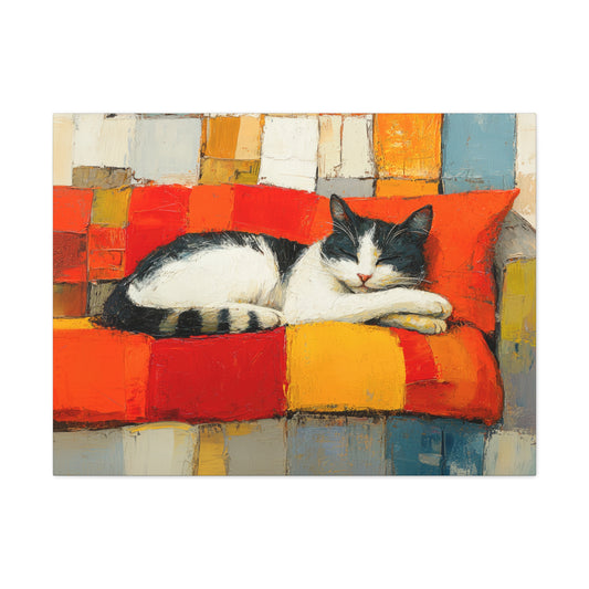 Couch Cat wall art features an adorable cat relaxing on a sofa and depicted in a patchwork of vibrant reds, yellows and blues | Modern cat wall art | Cat portrait canvas print  | whimsical cat canvas art | Kittens on Canvas