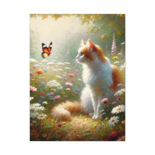 Kitten Meets Butterfly features a heartwarming oil painting of a kitten meeting a butterfly in a lovely garden. | Cat wall art | Cat themed wall decor  | Cute cat canvas print | Kittens on Canvas
