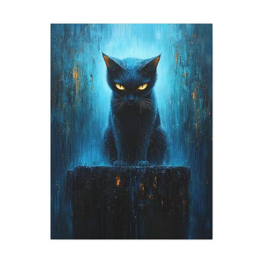 Blue Cat canvas wall art features a unique and dramatic painting in vibrant blues, blacks, and yellows of a serious cat sitting on a stump surrounded by an intense, moody background | Cat themed wall decor | cat paintings on canvas | Modern cat wall art | Kittens on Canvas