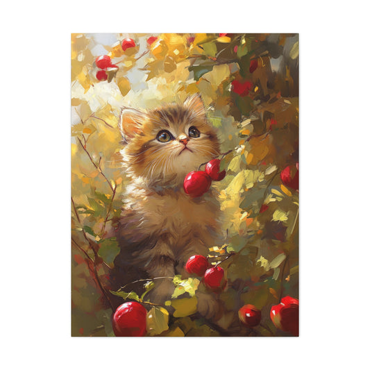 This cute cat canvas art features a painting of an adorable kitten exploring a colorful cherry tree. | Whimsical cat canvas art | Cat themed wall art | Cute cat canvas art | Kittens on Canvas