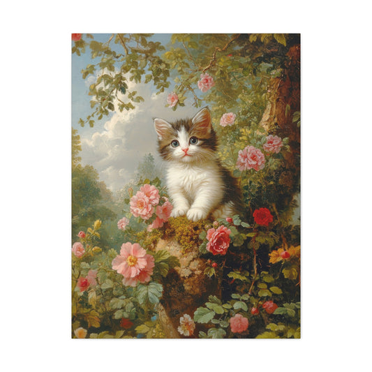 Kitten Oil Painting is a realistic cat painting in a classical oil painting style featuring a kitten in a garden depicted in lovely, soft colors | Realistic cat painting | Cat lover wall art | Cat Wall Art | Kittens on Canvas