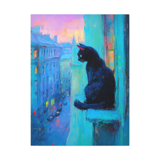 Kitten on a ledge is a unique cat painting on canvas featuring an oil painting style in blues, yellows, reds and lavenders depicting a kitten sitting on the outside window ledge of a tall vintage building at dusk. | cat painting on canvas | Cat portrait canvas print | cat lover gift | Kittens on Canvas