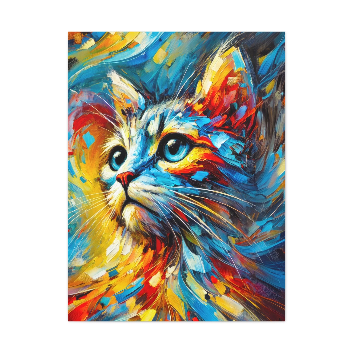 A dramatic and colorful abstract portrait of a cat, this custom canvas art features a colorful and dramatic design with reds, yellows, and blues | Cat wall art | Cute cat canvas prints | Abstract cat wall decor | Cat Wall Art | Kittens on Canvas