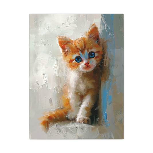 Corner Kitten cat wall art features a shy kitten nestled in a corner and depicted with thick paint in subtle colors of orange, blue and grey | cute cat canvas prints | Cat portrait canvas print  | Cat wall decor | Kittens on Canvas