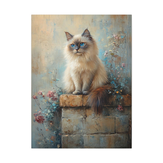 A beautiful cat with piercing blue eyes sitting on a brick wall among flowers and vines depicted in a classic oil painting style | Realistic cat painting | Cat portrait canvas print | Cat Themed Wall Decor | Kittens on Canvas