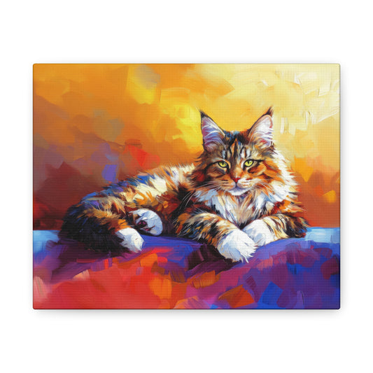 Comfortable Maine Coon Cat is an abstract cat canvas painting that features a reclining cat in vibrant colors of red, yellow, blue and purple. | Abstract cat canvas painting | Cat paintings on canvas | Modern cat wall art | Kittens on Canvas