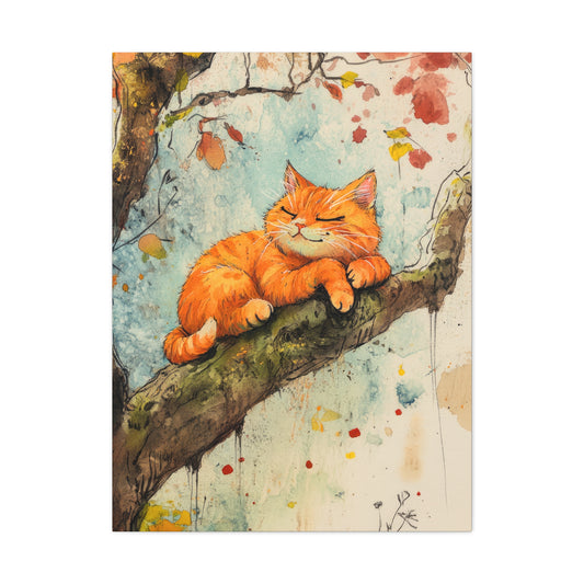 Kitten in a Tree is colorful, charming, whimsical, cute cat canvas art featuring an illustration of a happy cat asleep on the branch of a tree | Whimsical cat canvas art | Cat themed wall decor  | Cute cat canvas art | Cat lover wall art | Kittens on Canvas