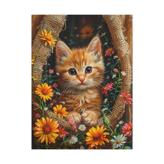 Kitten in a Sack is a cute cat canvas print featuring a charming painting of a kitten peeking out of a sack filled with flowers| Whimsical cat canvas art | Cat portrait canvas print  | Cute cat canvas art | Kittens on Canvas